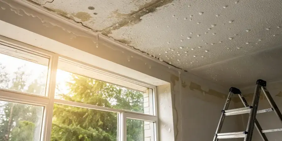 Water-stained textured ceiling above a window, with a step ladder set up below