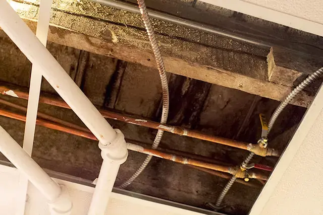 A ceiling opened to the joists and copper supply pipes after a leak