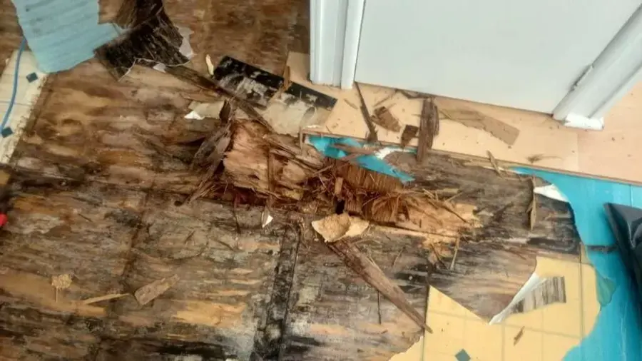 Rotted, water-damaged subfloor torn up inside a home