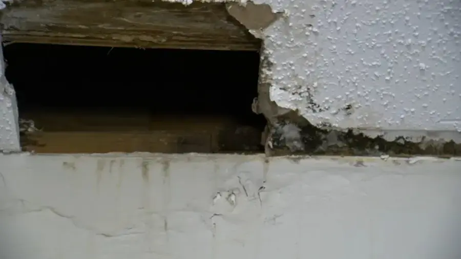 Textured ceiling cut open above a water-stained wall after a leak